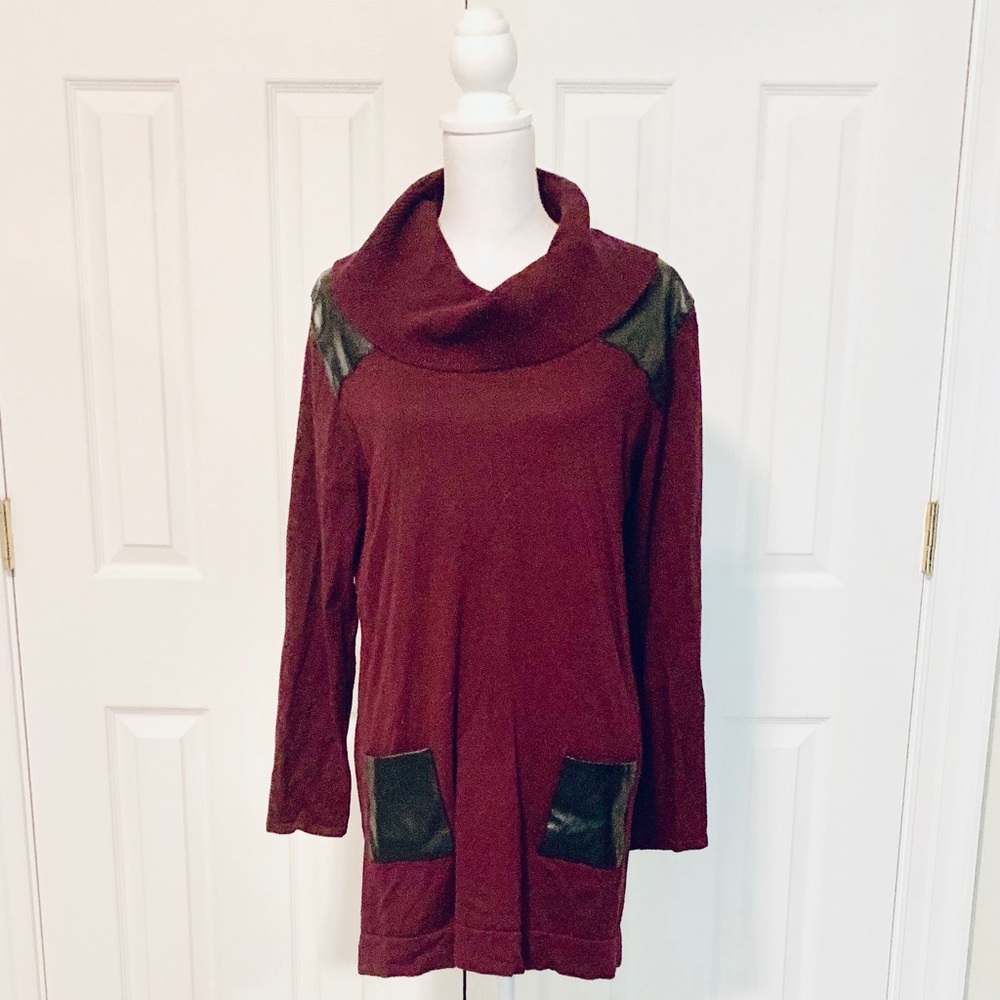 Burgundy Tunic Sweater with Leather Detail